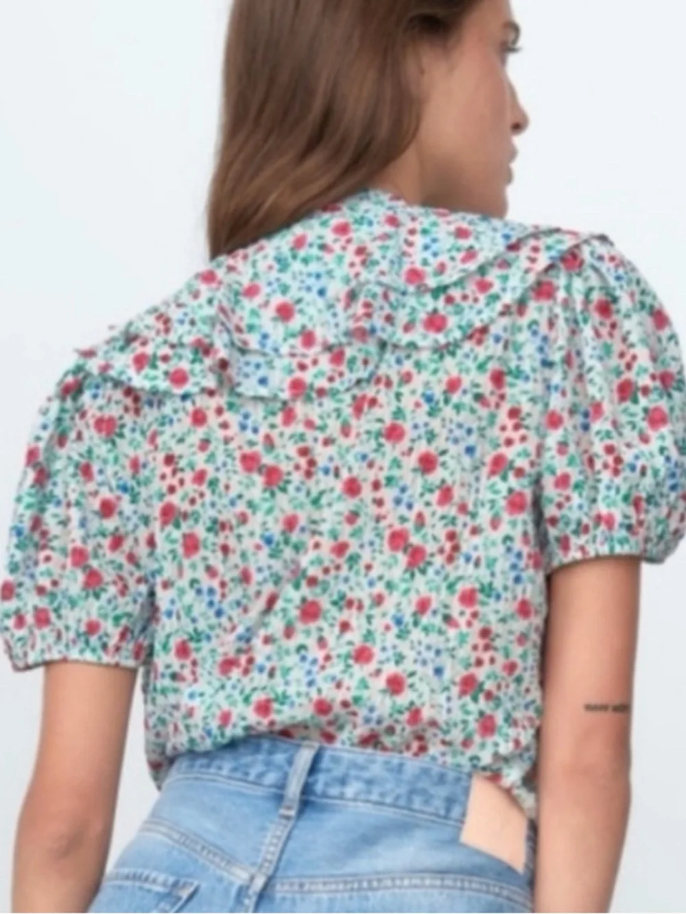 Zara White Floral Print Multi Color Crinkle V-Neck Puff Short Sleeve Top Blouse